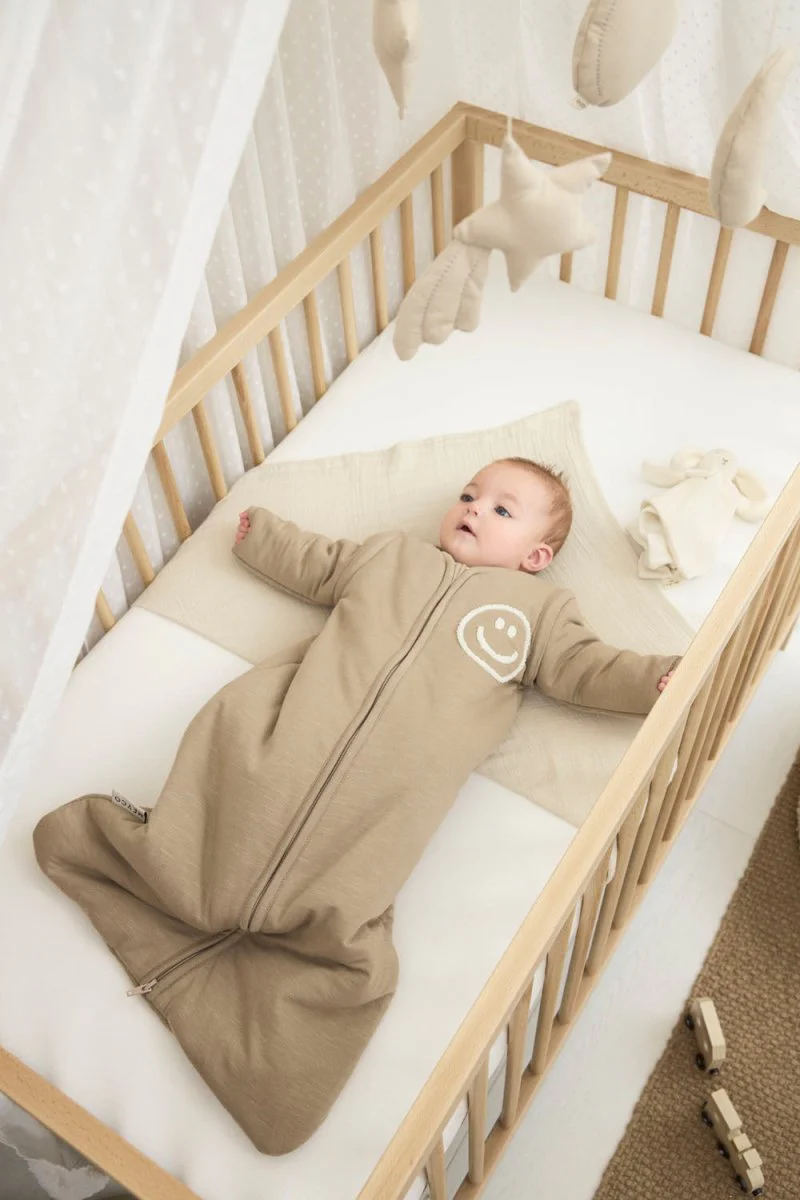 Meyco Baby Slub Met Smile Applicatie Baby Slaapzak Met Afritsbare Mouwen Taupe/Offwhite - Image 6