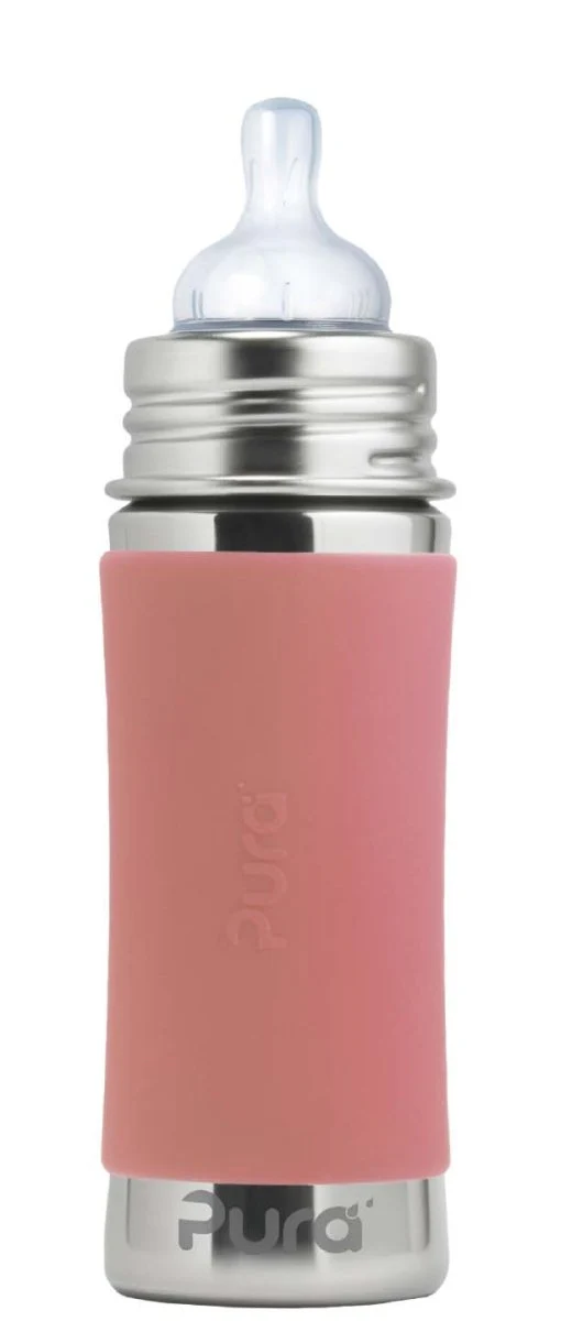 Pura Babyfles Rvs 325 Ml + Silicone Speen Medium Flow + Silicone Reisdop + Rose Sleeve