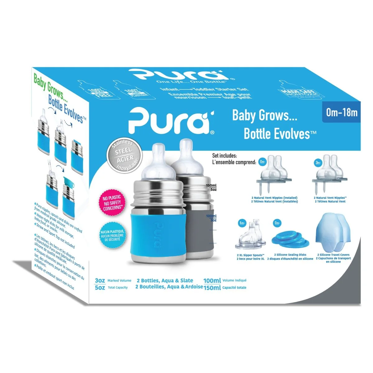Pura Babyfles Staterset 150Ml Aqua/Grijs 12 delig - Image 2