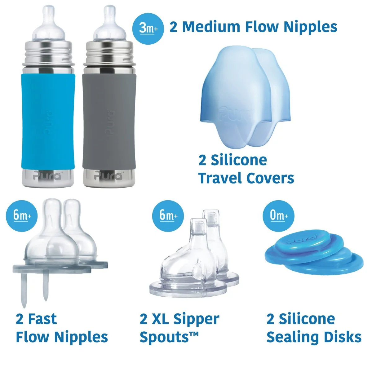 Pura Babyfles Staterset 325Ml Aqua/Grijs 12 delig - Image 2