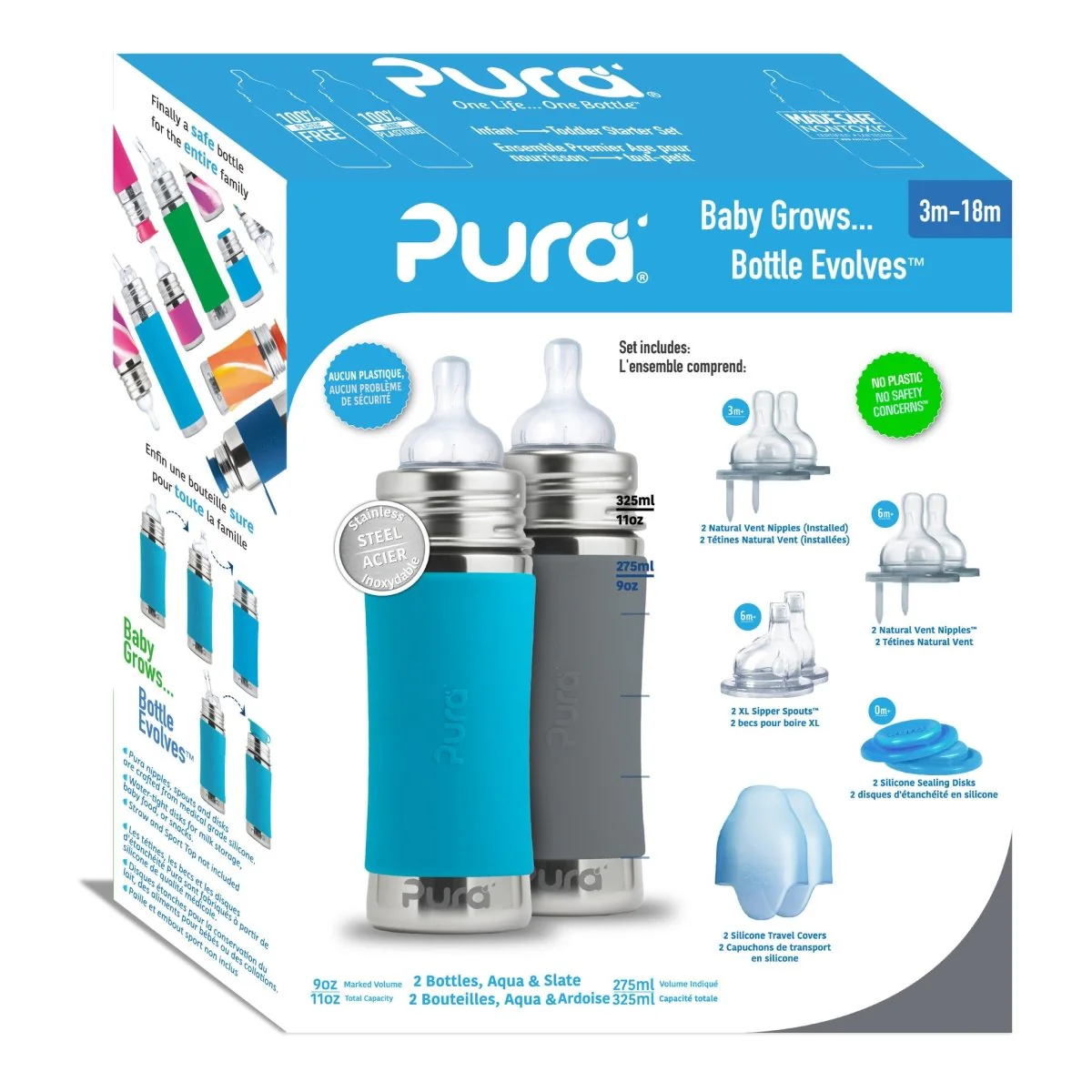 Pura Babyfles Staterset 325Ml Aqua/Grijs 12 delig - Image 3