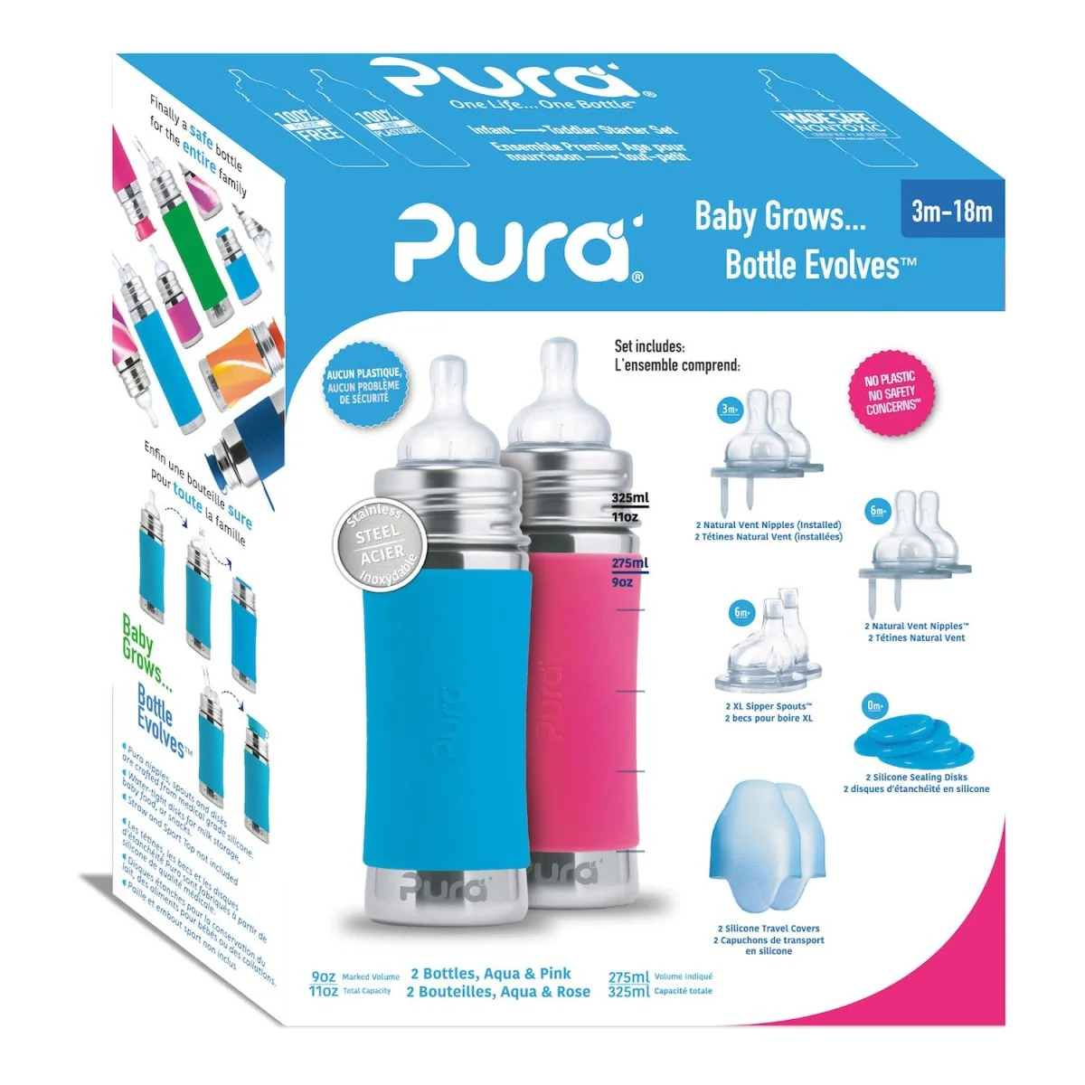 Pura Babyfles Staterset 325Ml Aqua/Roze 12 delig - Image 3