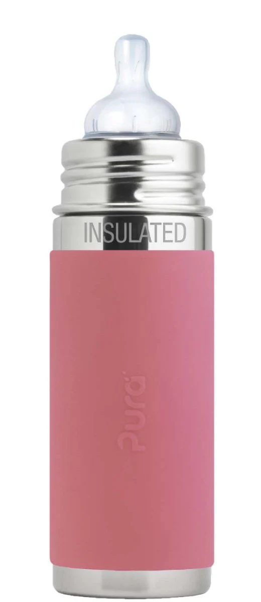 Pura Thermosfles Rvs Speenfles 260Ml Silicone Speen Medium Flow + Silicone Reisdop + Rose Sleeve